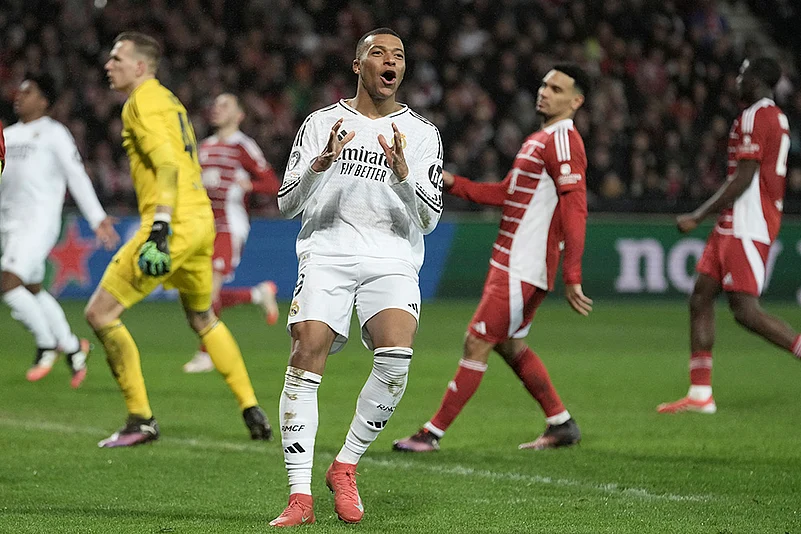 UEFA Champions League UCL soccer Real Madrid vs Brest FC match photo: Kylian Mbappe