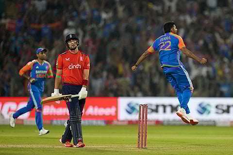 IND vs ENG 4th T20: England's Liam Livingstone, center, reacts after losing his wicket