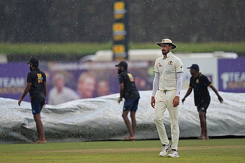 SL vs AUS 1st Test Day 3: Australia's Mitchell Starc leaves the ground as rain interrupts the play