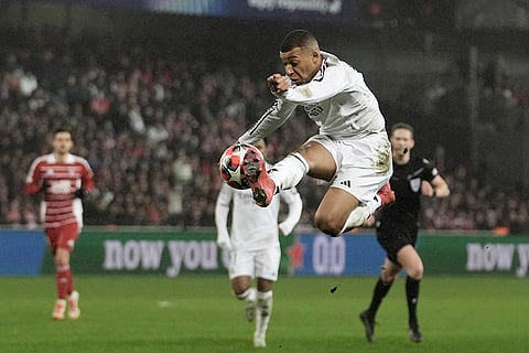 Champions League 2024-25: Real Madrid's Kylian Mbappe controls the ball