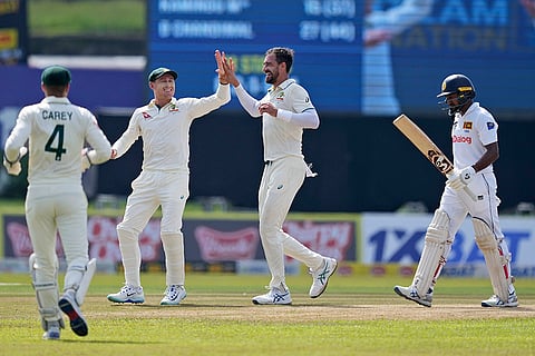 SL vs AUS 1st Test Day 3: Australia's Mitchell Starc celebrates the wicket of Sri Lanka's Kamindu Mendis