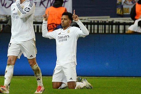 Champions League 2024-25: Real Madrid's Rodrygo celebrates after scoring his side's third goal