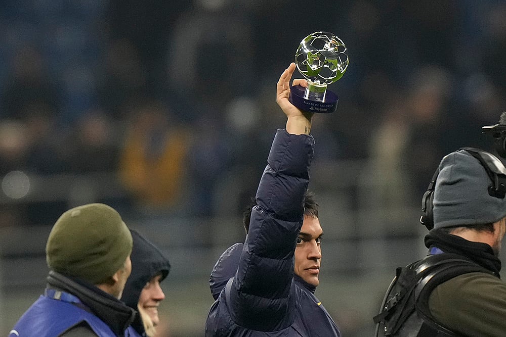 | Photo: AP/Luca Bruno : Champions League 2024-25: Inter Milan's Lautaro Martinez celebrates a win