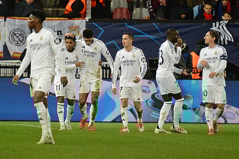 Champions League 2024-25: Real Madrid's Rodrygo celebrates with his teammates after scoring his side's third goal