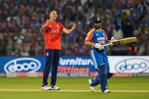 IND vs ENG 4th T20: England's Brydon Carse celebrates the wicket of Rinku Singh