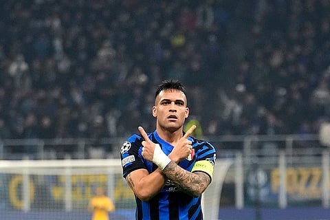 Champions League 2024-25: Inter Milan's Lautaro Martinez celebrates after scoring his third goal