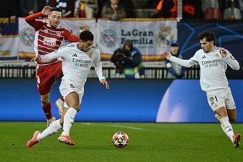 Champions League 2024-25: Real Madrid's Jude Bellingham dribbles past Brest's Mathias Pereira Lage