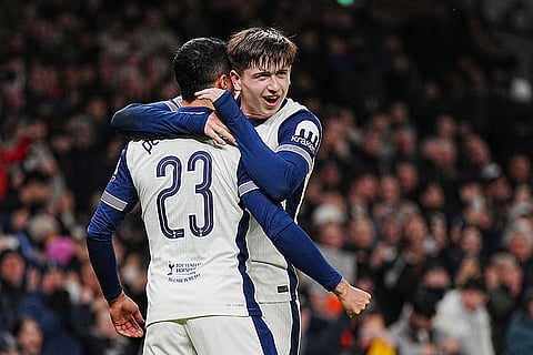 Europa League 2024-25: Tottenham's Mikey Moore, right, celebrates after scoring his side's third goal