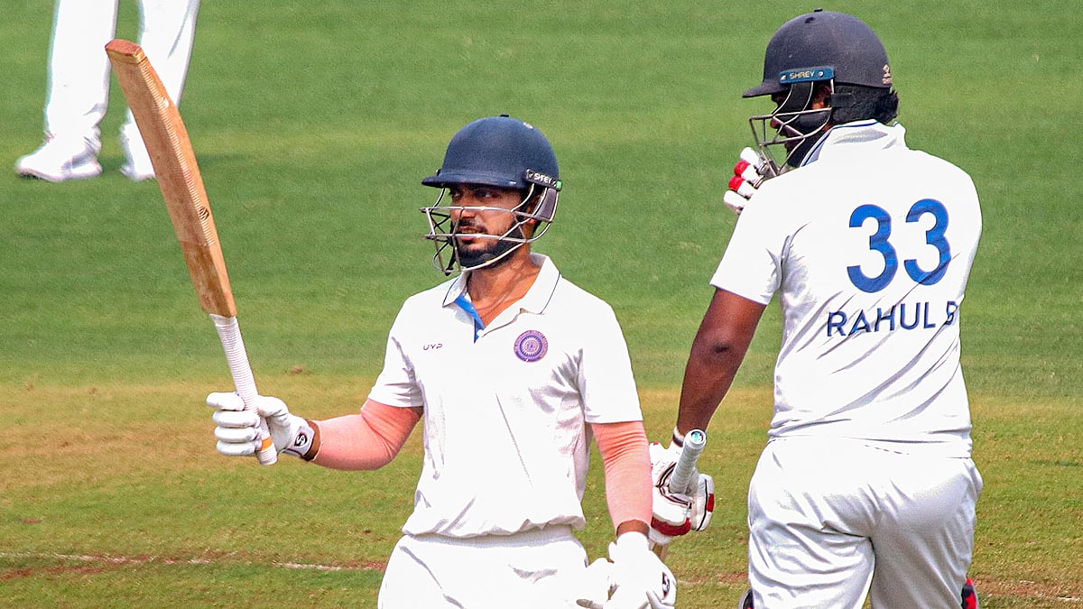 PTI : Hyderabad's Tanmay Agarwal celebrates his century during the Ranji Trophy match against Vidarbha.