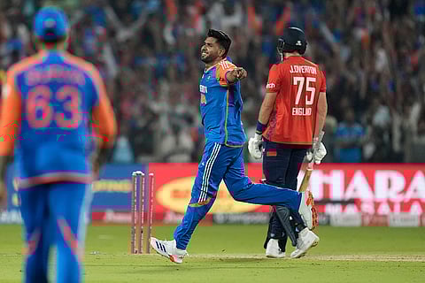 IND vs ENG 4th T20: India's Harshit Rana celebrates the wicket of England's Jamie Overton