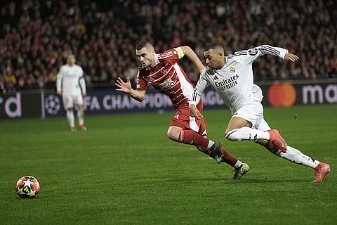 Champions League 2024-25: Brest's Brendan Chardonnet views for the ball with Real Madrid's Kylian Mbappe