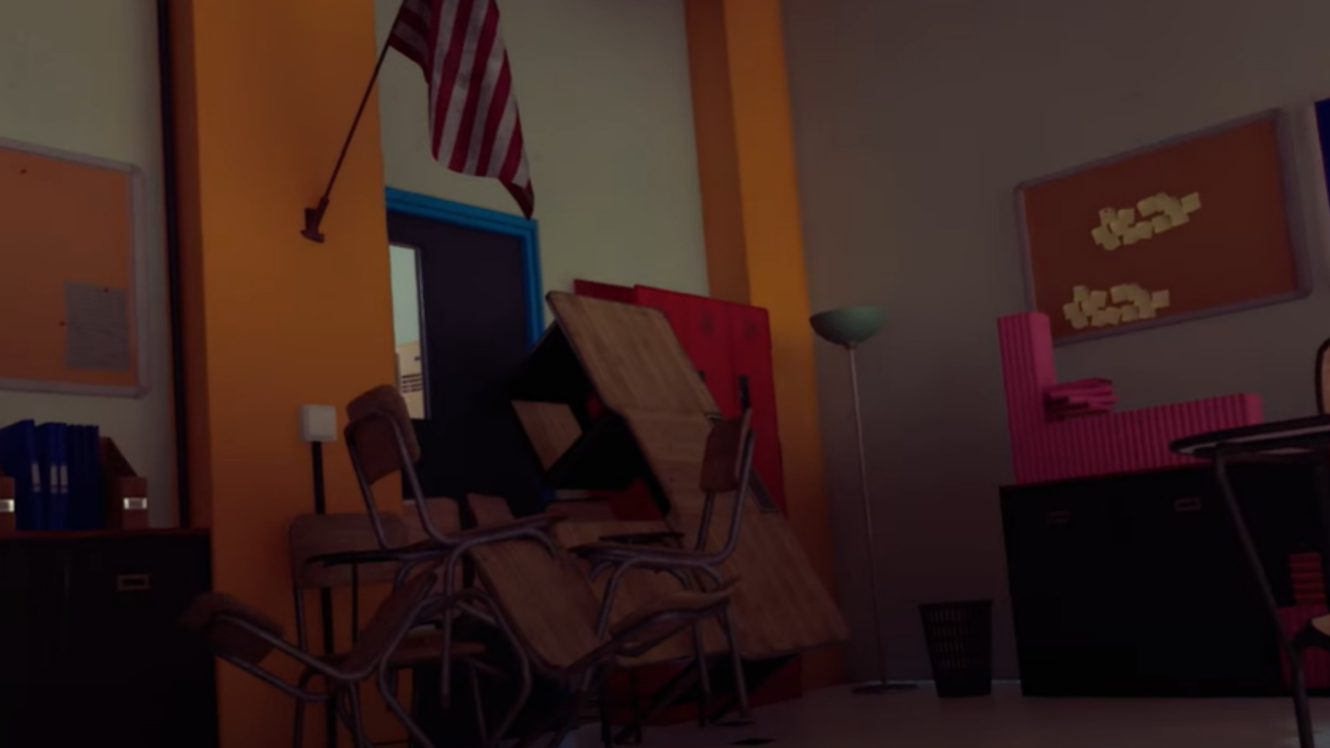 A still from the video game shows desks and chairs stacked up against the door to block the shooter's entry.  - | Photo: The Final Exam/Youtube