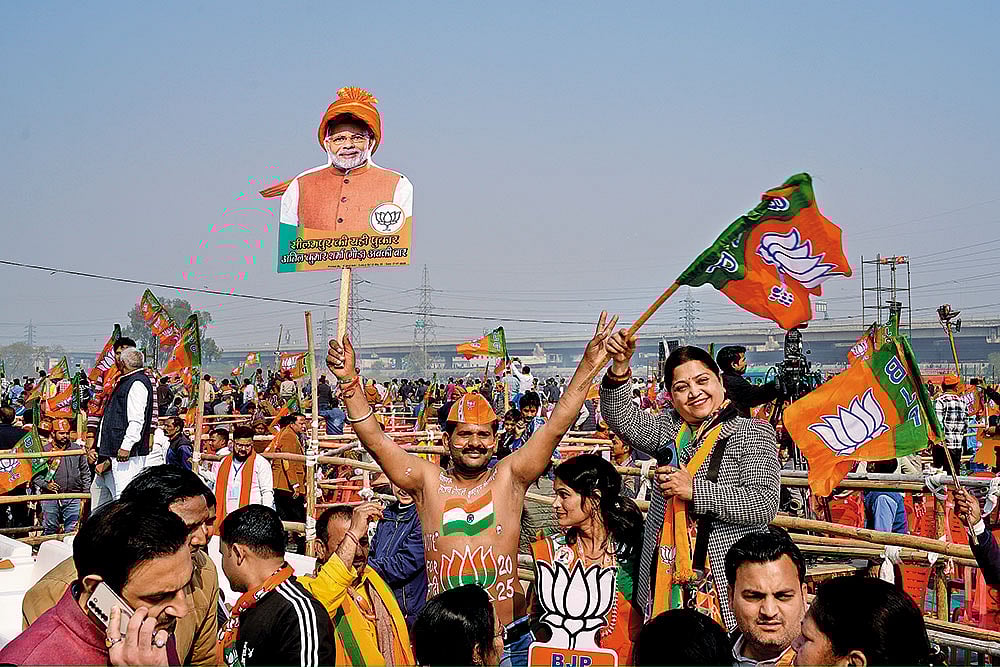 | Photo: Suresh K. Pandey : Poll Glimpses: BJP supporters at Prime Minister Narendra Modi’s rally in East Delhi