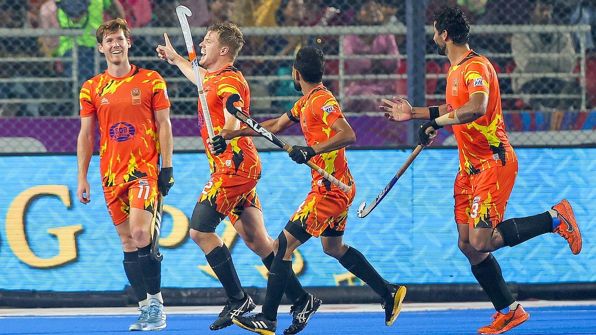 Hockey India League : Shrachi Rarh Bengal Tigers celebrate a goal against Hyderabad Toofans. 