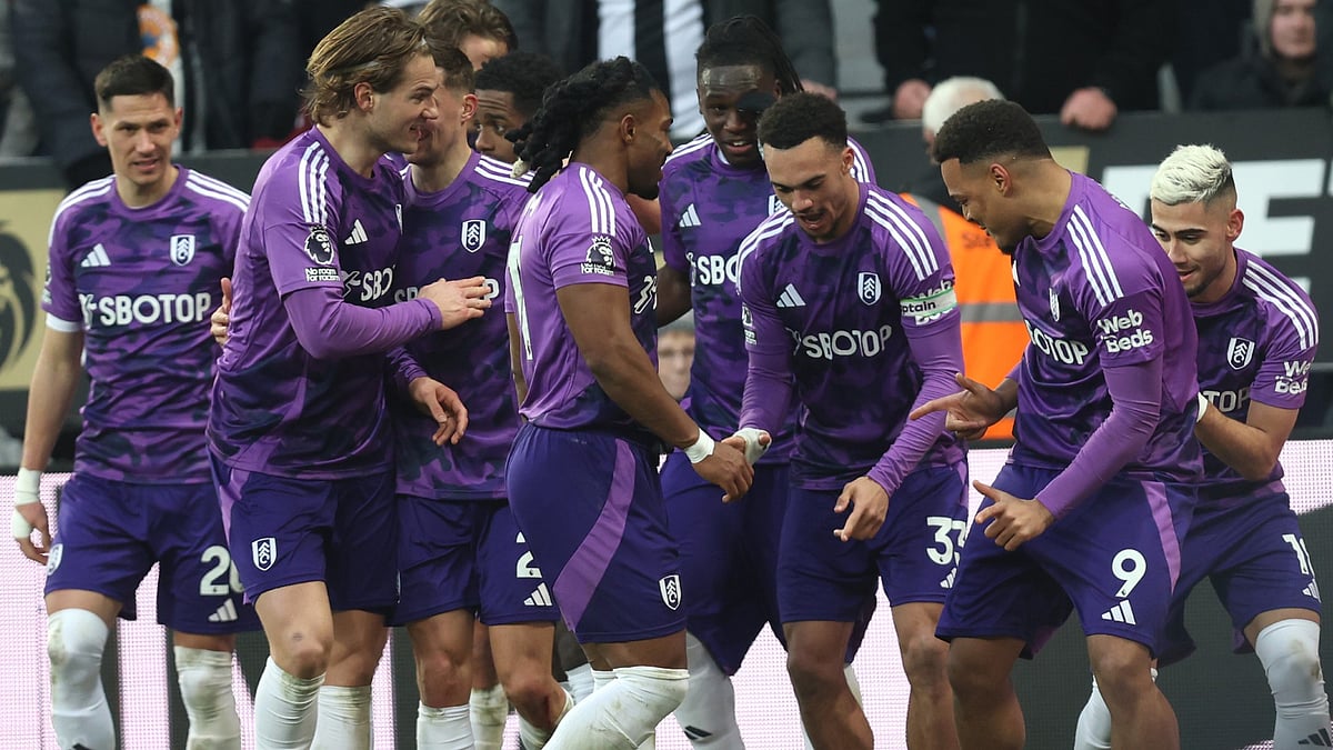 Fulham players celebrate after scoring against Newcastle United