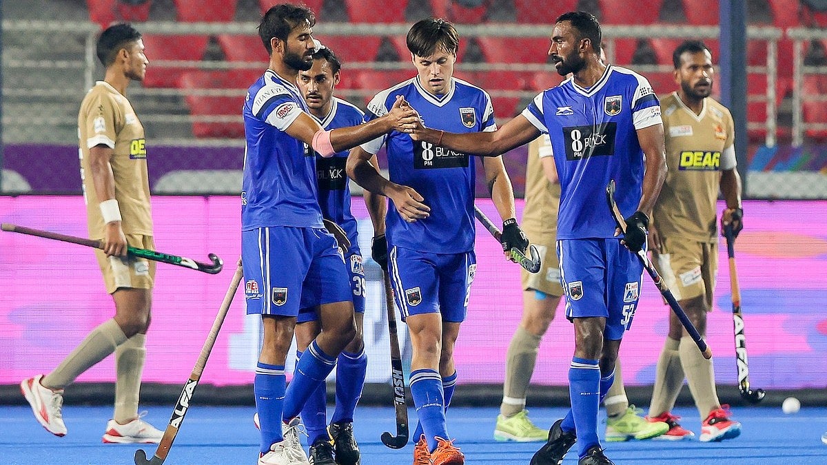 Hockey India League : Soorma Hockey Club players celebrate Gurjant Singh's goal against Tamil Nadu Dragons.
