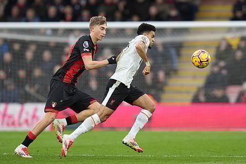English Premier League 2024-25: Liverpool's Luis Diaz challenges for the ball with Bournemouth's Dean Huijsen