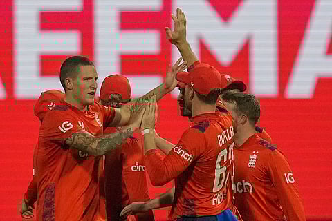 IND vs ENG 5th T20I: England's Brydon Carse celebratesafter the dismissal of India's Shiva Dube