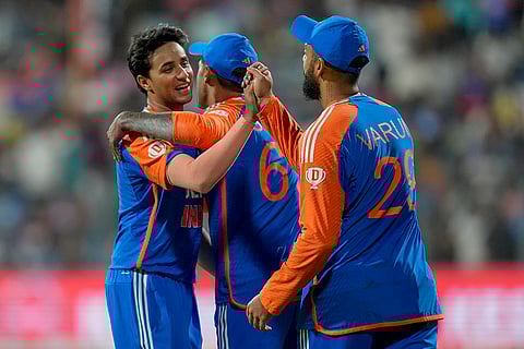 IND vs ENG 5th T20I: India's Abhishek Sharma celebrates after the dismissal of England's Brydon Carse