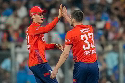 IND vs ENG 5th T20I: England's Mark Wood celebrates with teammate after the dismissal of India's Sanju Samson