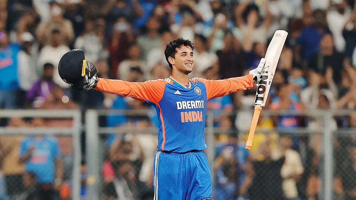 Abhishek Sharma celebrates his century. - X/BCCI