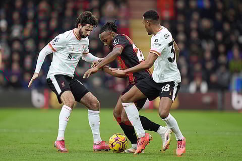 English Premier League 2024-25: Bournemouth's Antoine Semenyo challenges for the ball with Liverpool's Dominik Szoboszlai