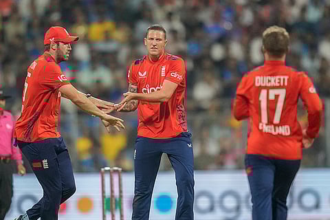 IND vs ENG 5th T20I: England's Brydon Carse celebrates after the dismissal of India's Tilak Varma