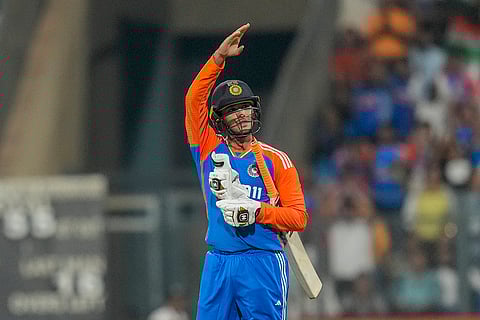 IND vs ENG 5th T20I: India's Abhishek Sharma celebrates after scoring fifty runs