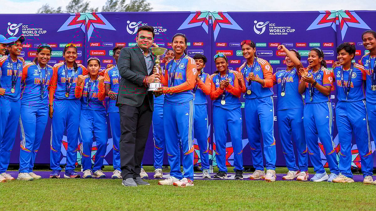 ICC via PTI : ICC chairman Jay Shah presents the Under-19 Women's T20 World Cup to the Indian team in Kuala Lumpur.