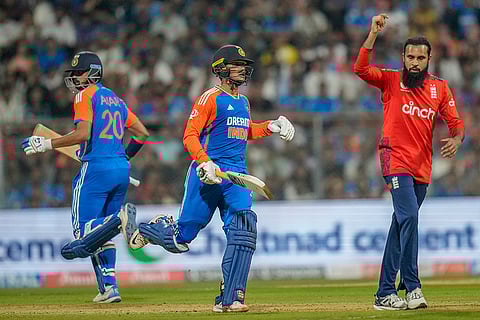 IND vs ENG 5th T20I: England's Adil Rashid, right, celebrates the wicket of India's Abhishek Sharma