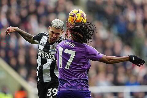 English Premier League 2024-25: Newcastle United's Bruno Guimaraes and Fulham's Alex Iwobi battle for the ball
