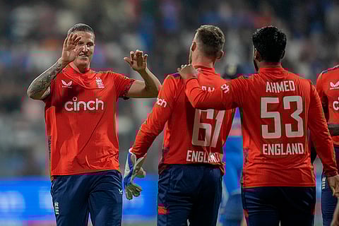IND vs ENG 5th T20I: England's Brydon Carse celebrates after the dismissal of Suryakumar Yadav