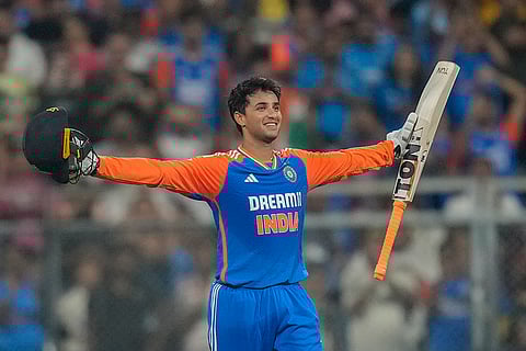 IND vs ENG 5th T20I: India's Abhishek Sharma raises his bat as he celebrates century