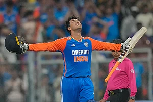| Photo: AP/Rafiq Maqbool : IND vs ENG 5th T20I: India's Abhishek Sharma celebrates after scoring a century