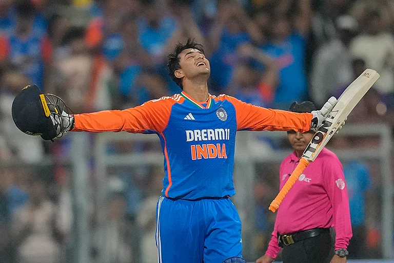 IND vs ENG 5th T20I: India's Abhishek Sharma celebrates after scoring a century - | Photo: AP/Rafiq Maqbool