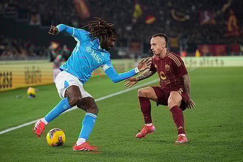 Serie A 2024-25: Napoli's Leonardo Spinazzola, right, scores the opening goal