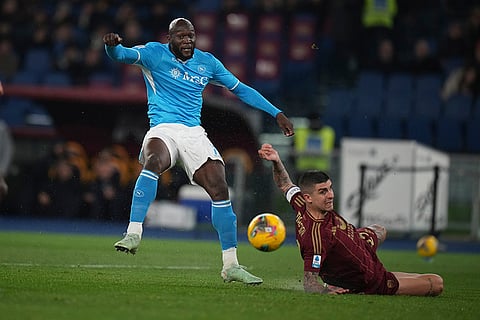 Serie A 2024-25: Roma's Gianluca Mancini, right, and Napoli's Romelu Lukaku challenge for the ball