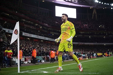 English Premier League 2024-25: Arsenal's goalkeeper David Raya celebrates his side's second goal