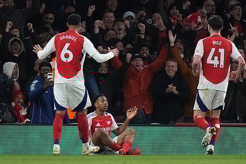 English Premier League 2024-25: Arsenal's Myles Lewis-Skelly celebrates scoring his side's 3rd goal 