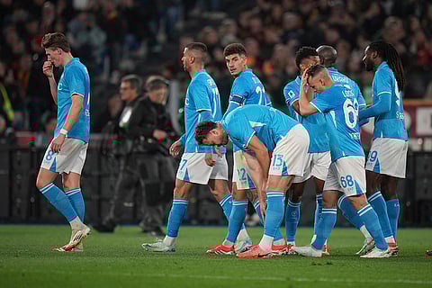 Serie A 2024-25: Napoli's team players celebrate after Leonardo Spinazzola scored the opening goal
