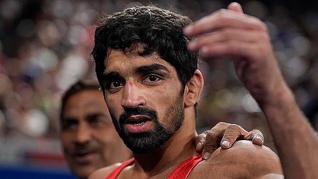 PTI : File photo of Aman Sehrawat after winning his bronze medal bout at the Paris Olympics. 
