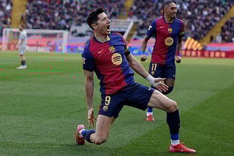 La Liga 2024-25: Barcelona's Robert Lewandowski celebrates alongside Raphinha after scoring the opening goal