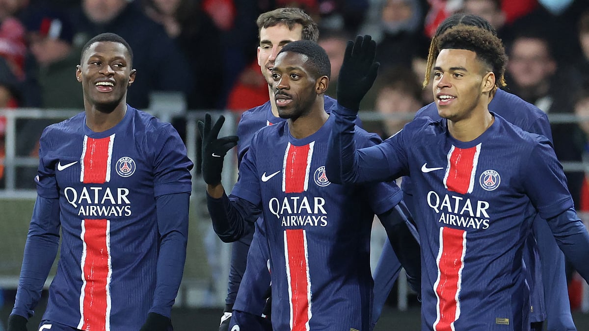 Ousmane Dembele celebrates his hat-trick against Brest