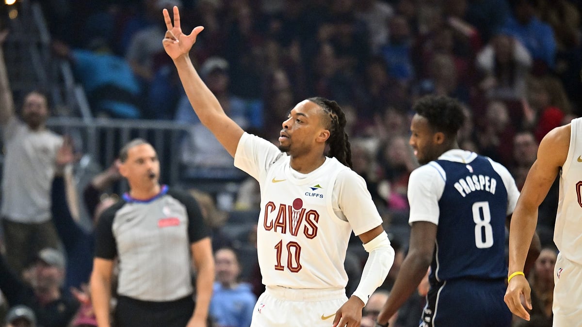 Cleveland Cavaliers guard Darius Garland celebrates during a game vs. the Dallas Mavericks on Feb. 2, 2025. - null