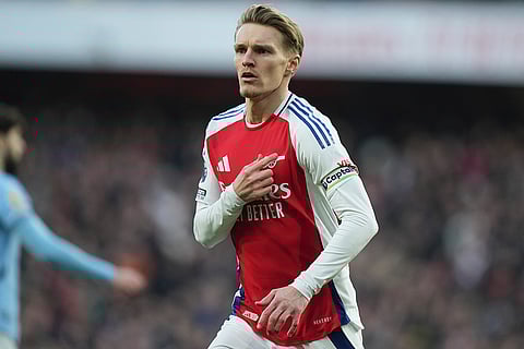 English Premier League 2024-25: Arsenal's Martin Odegaard celebrates scoring his side's opening goal 