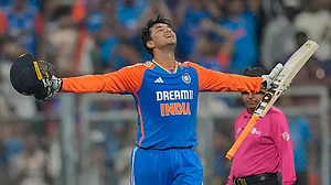 | Photo: AP/Rafiq Maqbool : IND vs ENG 5th T20I: India's Abhishek Sharma celebrates after scoring a century