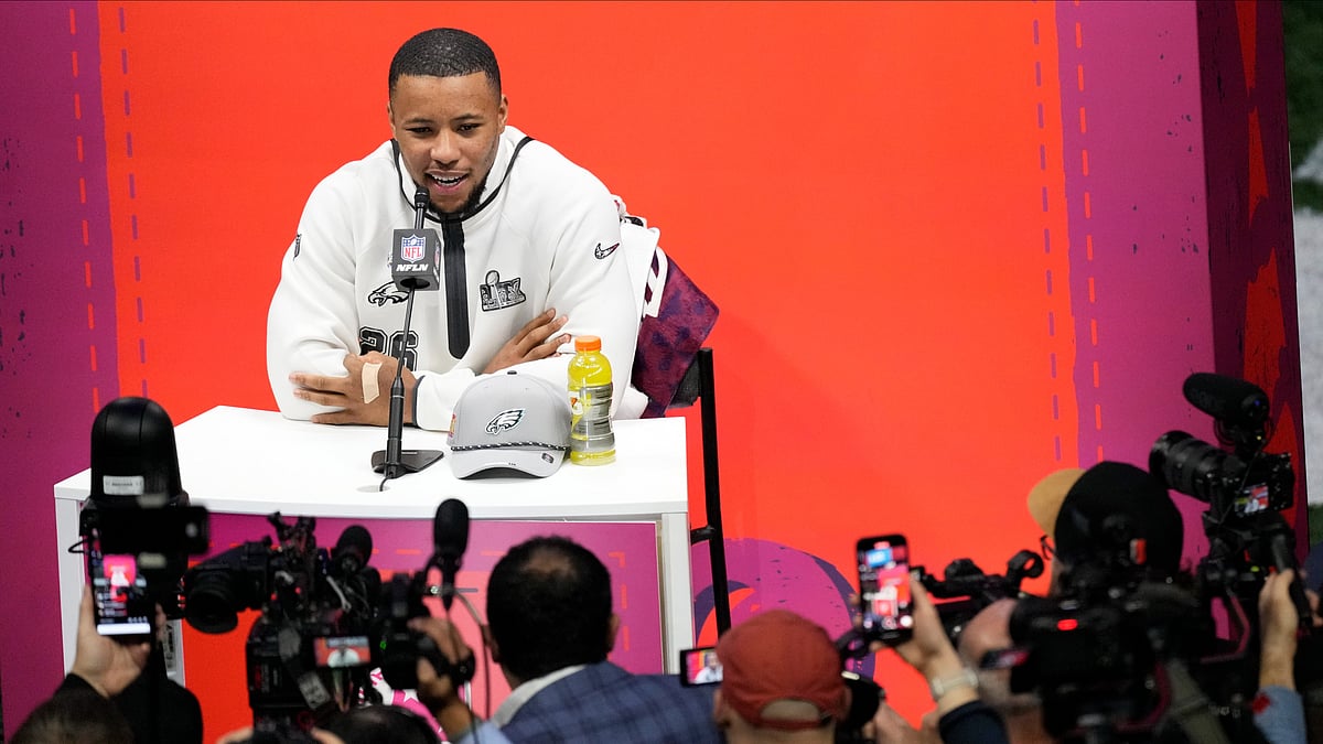 Philadelphia Eagles running back Saquon Barkley participates during Super Bowl 59 Opening Night, Monday, Feb. 3, 2025, in New Orleans, ahead of the NFL football game between the Philadelphia Eagles and the Kansas City Chiefs Sunday. -  (AP Photo/Godofredo A. Vásquez)