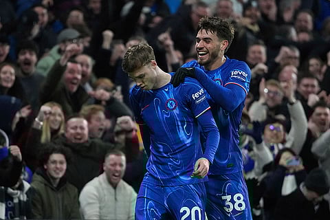 EPL 2024-25: Chelsea's Cole Palmer and Marc Guiu celebrate after an own goal by West Ham's Aaron Wan-Bissaka