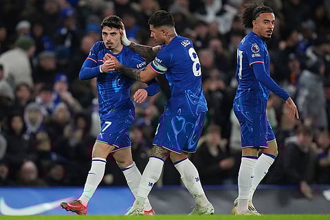 EPL 2024-25: Chelsea's Pedro Neto, left, celebrates with Enzo Fernandez