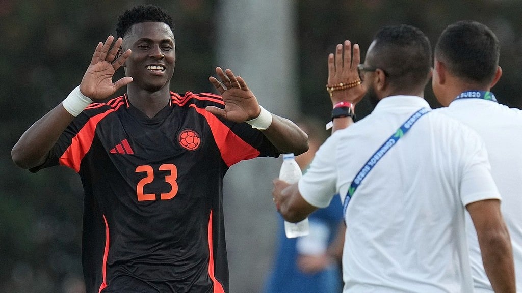 AP : Colombia's Neiser Villarreal celebrates after scoring his side's opening goal during a South American U-20 Championship soccer match against Brazil.